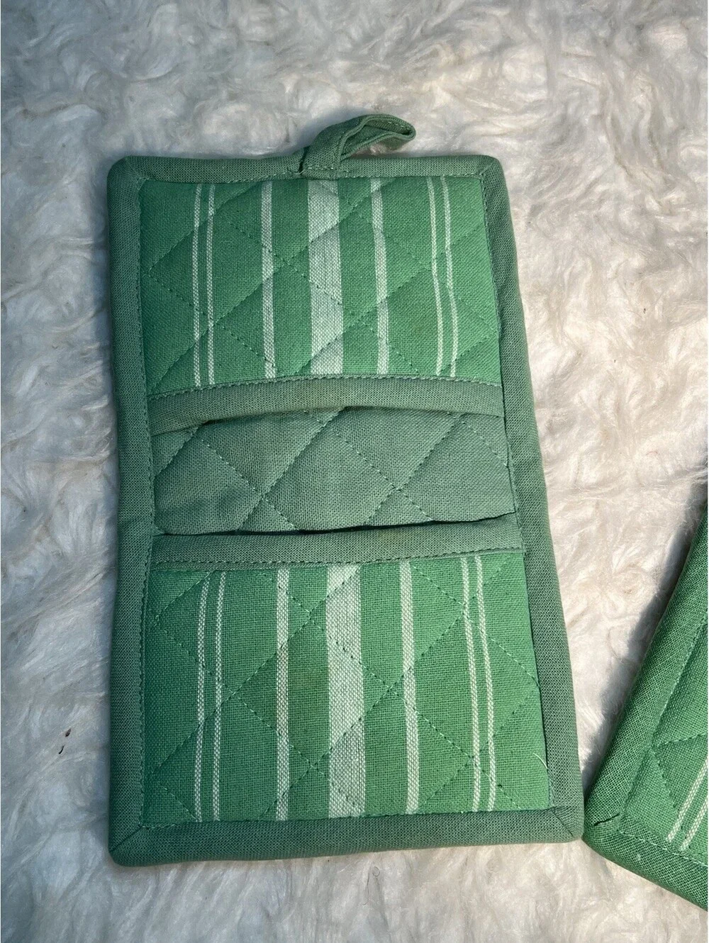 2 Green With White Stripes Pot Holders